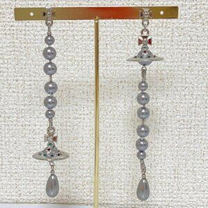Vivienne Westwood Long Pearl Earring Silver Gray Orb Drop  In Box/Drawstring